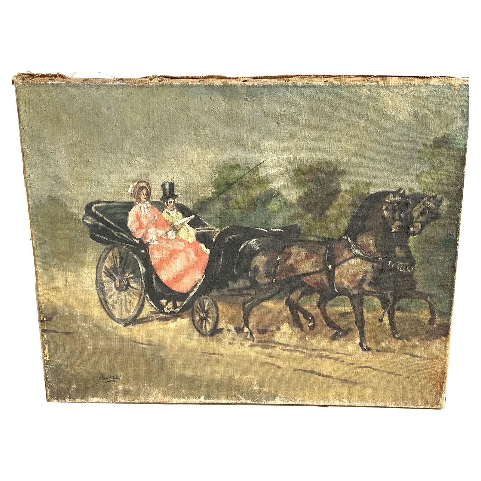 Original Oil Painting, A Couple In A Horse Team By French Painter Bousquet