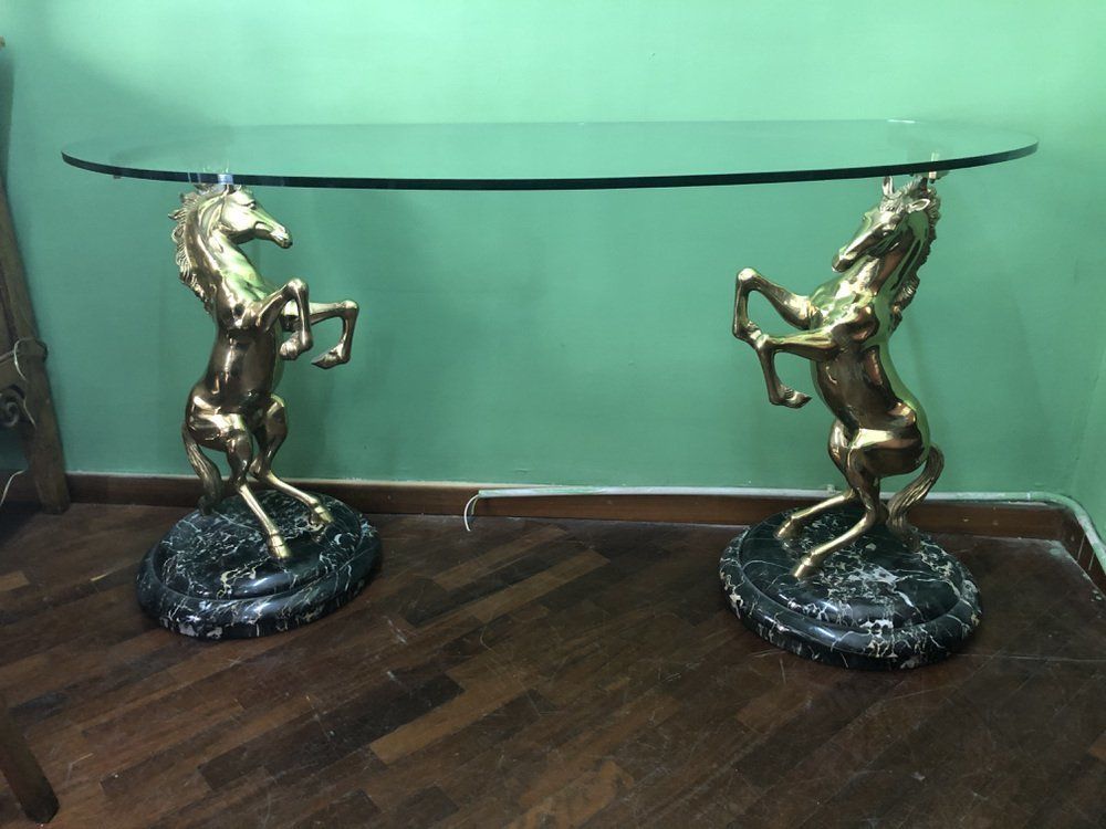 Hollywood Regency Console In Brass, Glass And Marble photo vintage