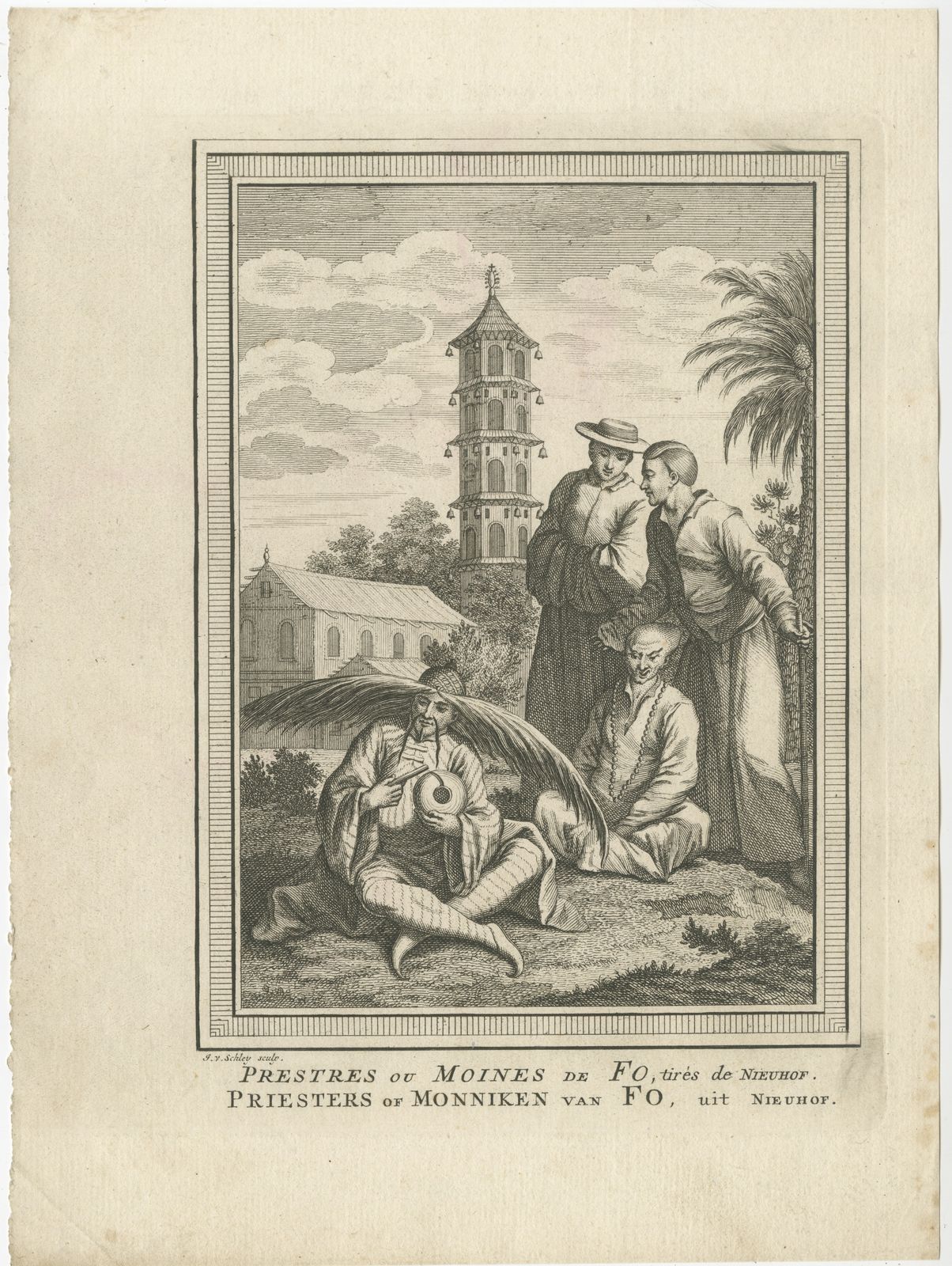 Antique Print Of Monks Of Fo By Van Schley (1749)