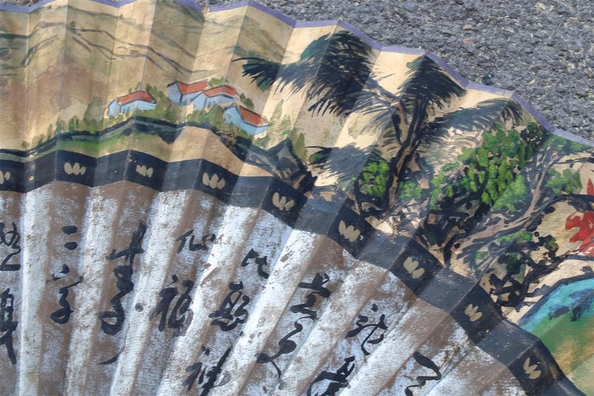 Decorative Mid Century Chinese Fan In Paper Decorated Painted Wooden Structure. photo Art