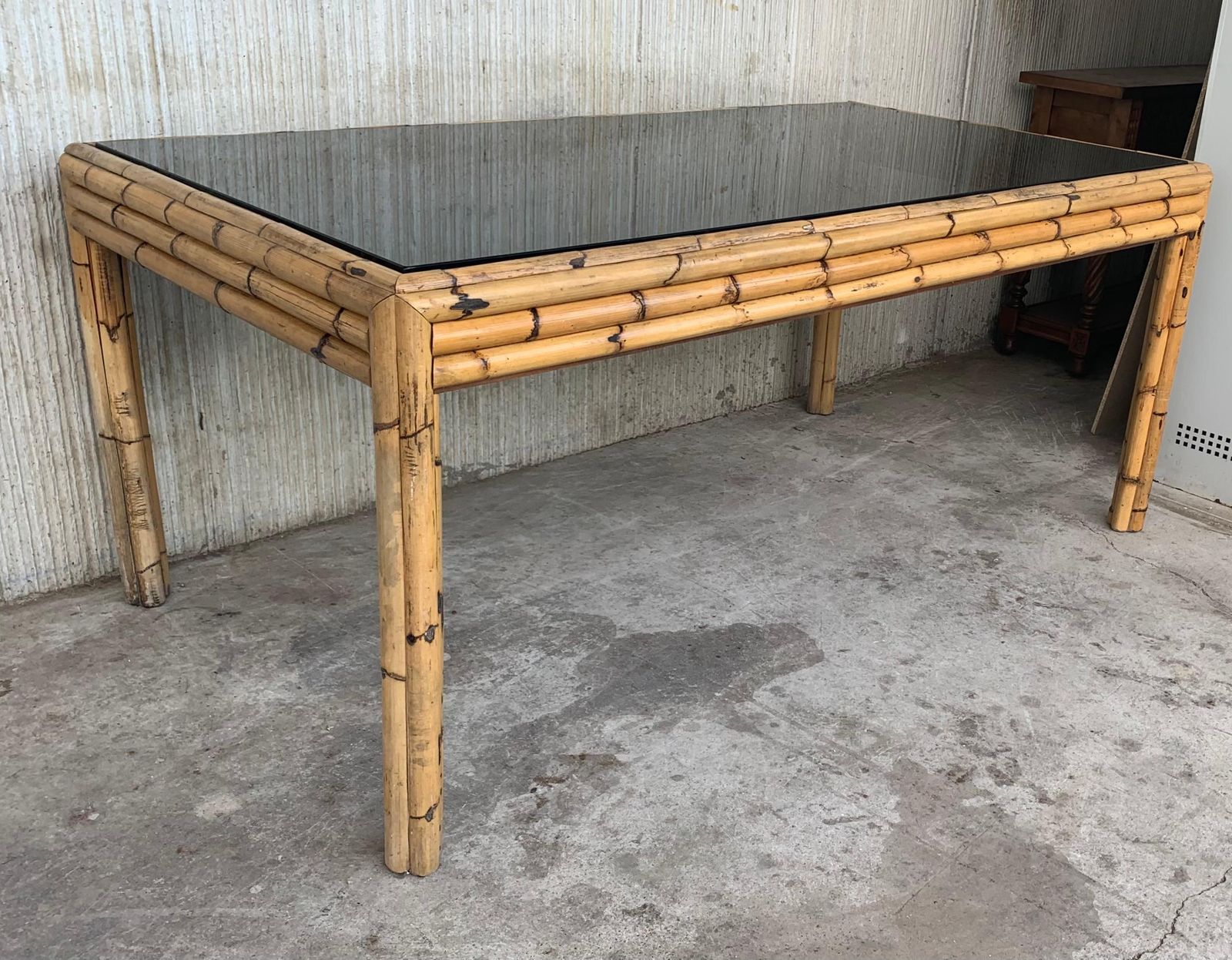 Spanish, 1980s Bamboo Glass Dining Table With Smoked Glass Tabletop photo Furniture
