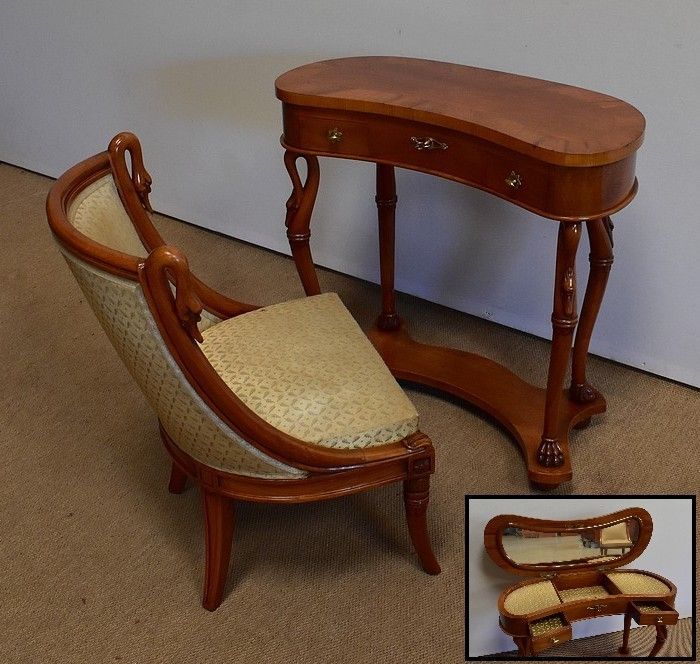 Small Kidney Dressing Table And Its Cherrywood Armchair   1950s