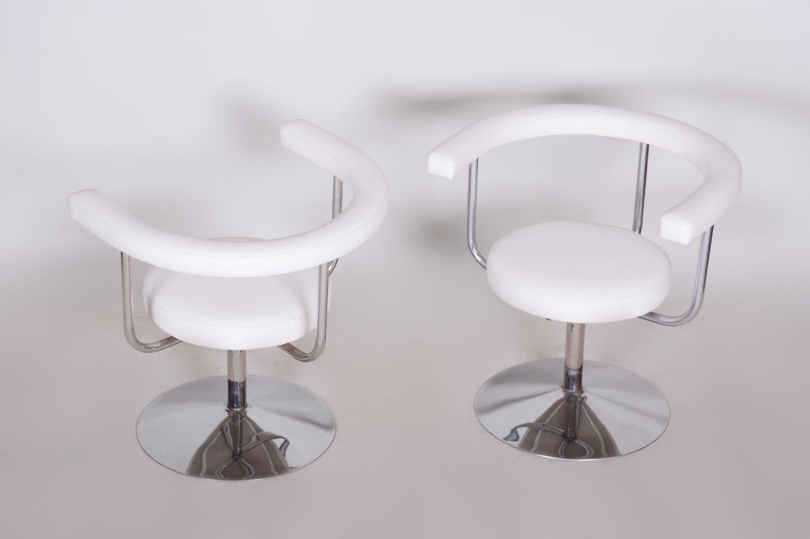 Furniture Pair Of White Leather Swivel Chairs Made In Czechia, 1940s. Fully Restored. photo