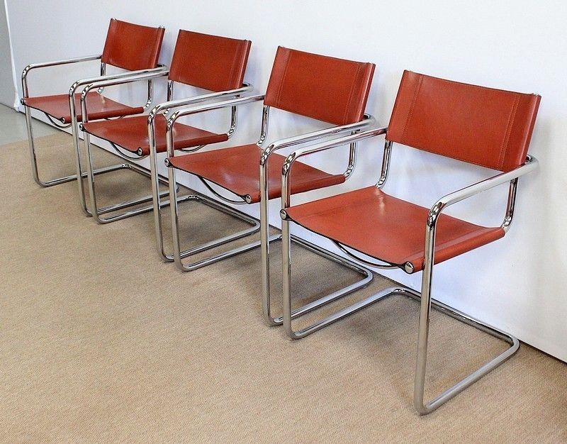 Suite Of 4 Leather Armchairs Signed Matteo Grassi   1960s photo furniture