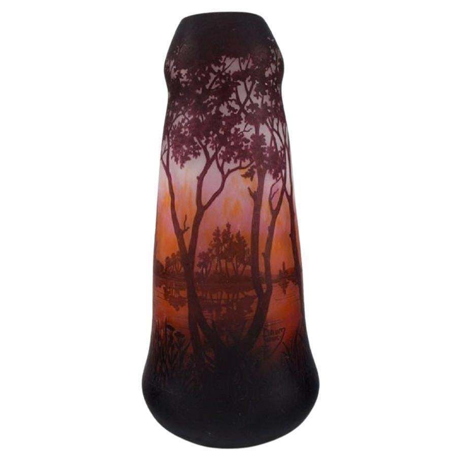 Daum Nancy, France, Large Antique Vase In Art Glass With Landscape And Trees