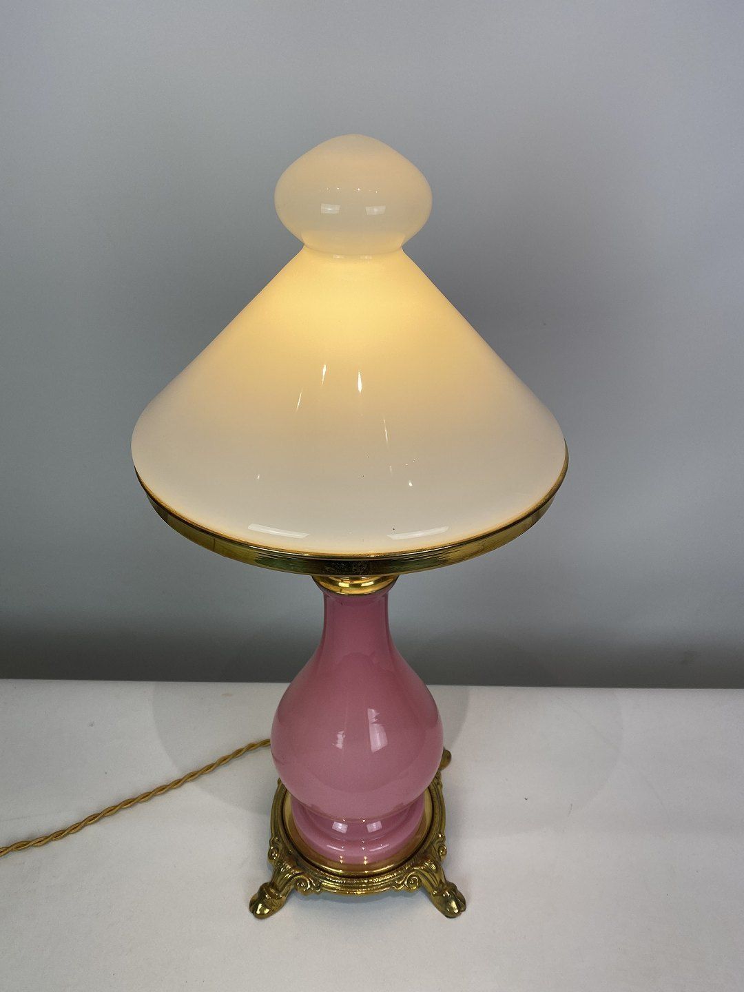 Table Lamp With Frame Of Pink Opaline Glass And Shade Of White Opaline Glass, And Foot Of Brass, By Funen's Glassworks From The 1930s. photo Lighting