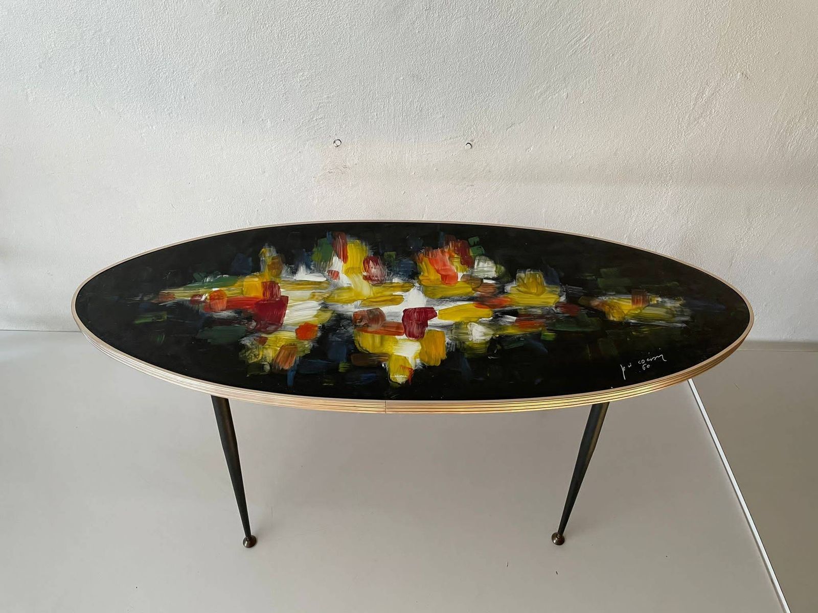 Very Rare Signed Original Oil Paint Top Wooden Oval Shaped Xl Table, 1950s, Italy photo furniture