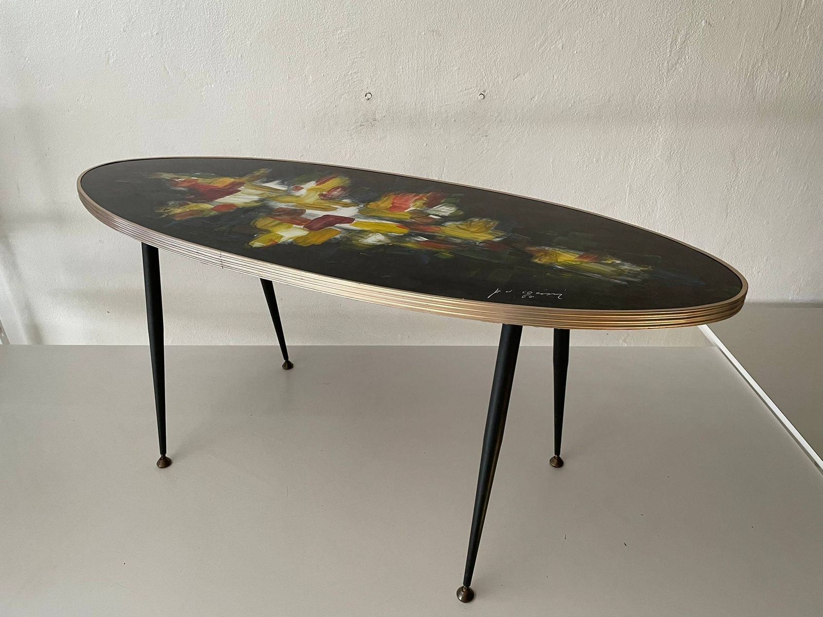 Very Rare Signed Original Oil Paint Top Wooden Oval Shaped Xl Table, 1950s, Italy photo for sale
