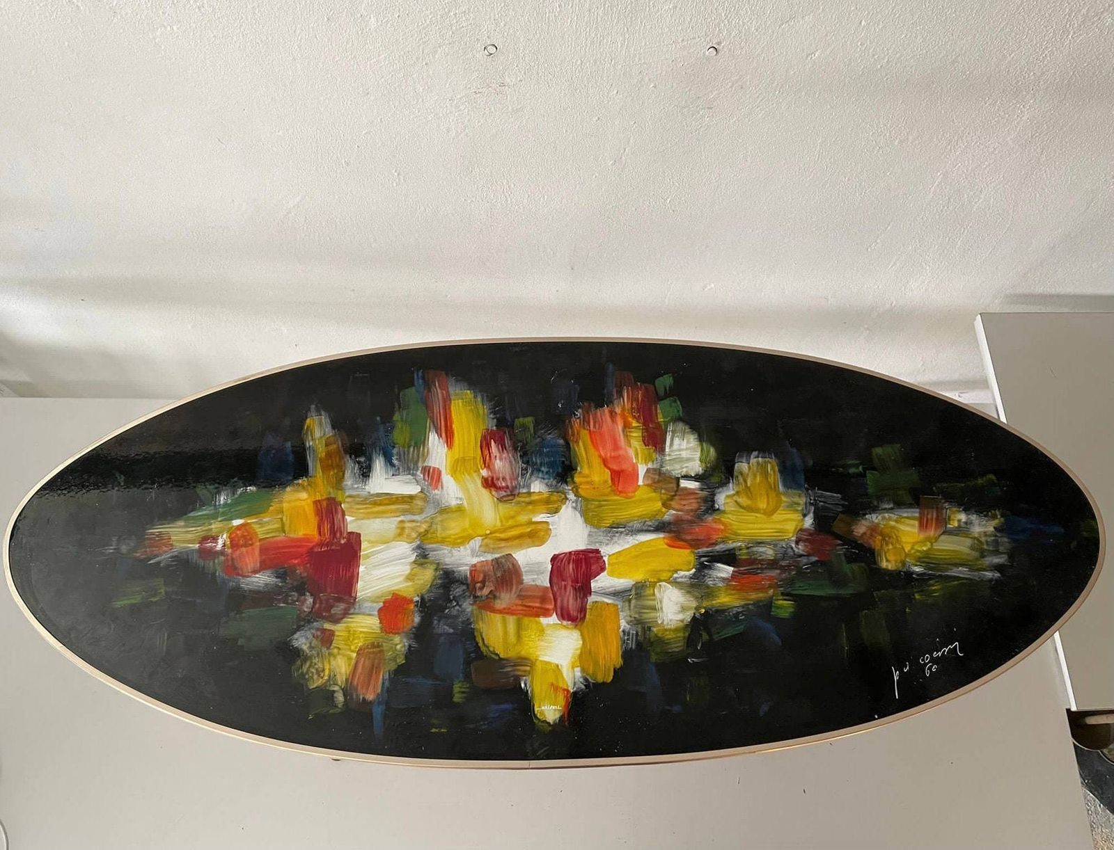 Very Rare Signed Original Oil Paint Top Wooden Oval Shaped Xl Table, 1950s, Italy photo Furniture