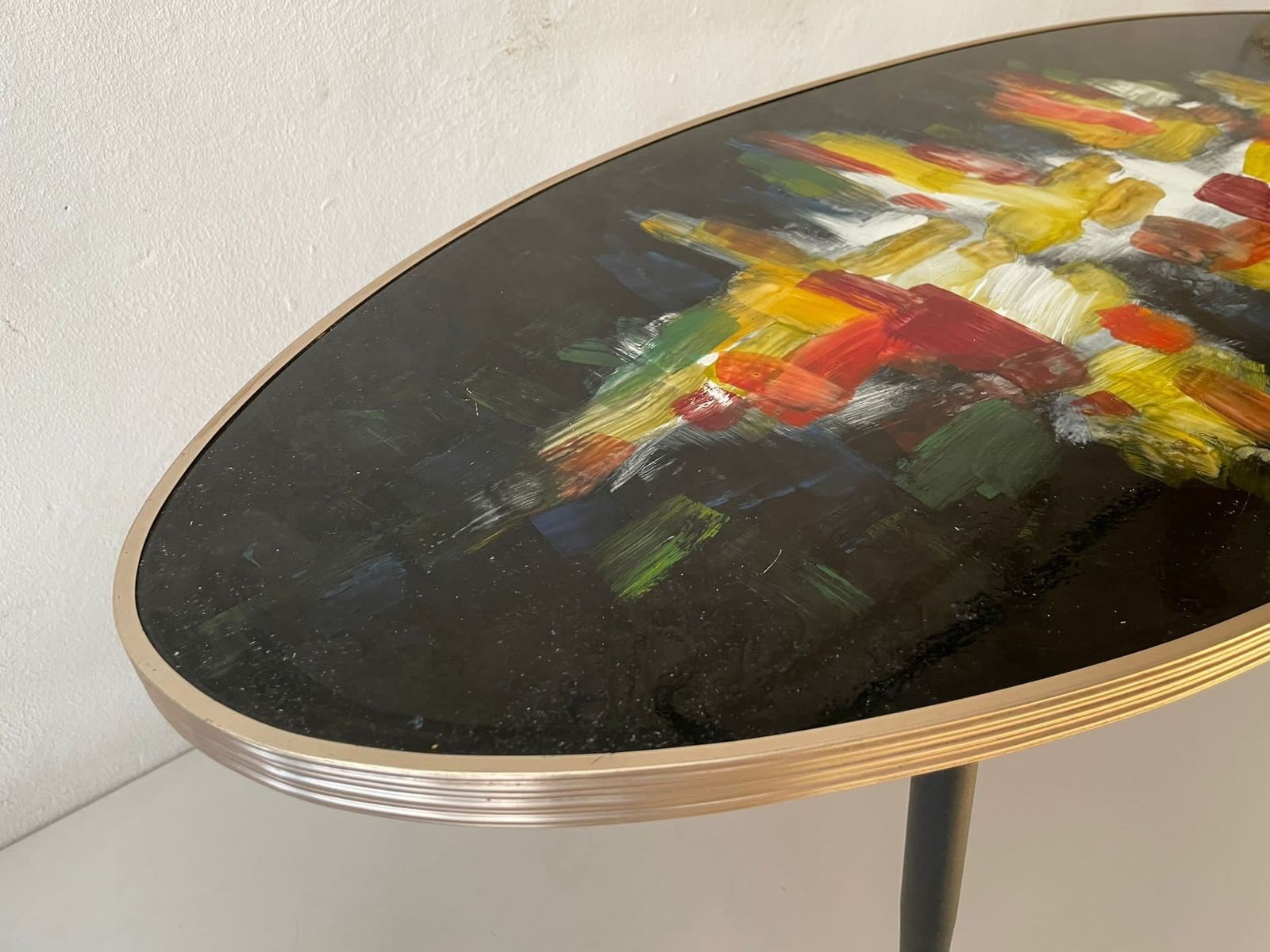 Very Rare Signed Original Oil Paint Top Wooden Oval Shaped Xl Table, 1950s, Italy photo vinterior