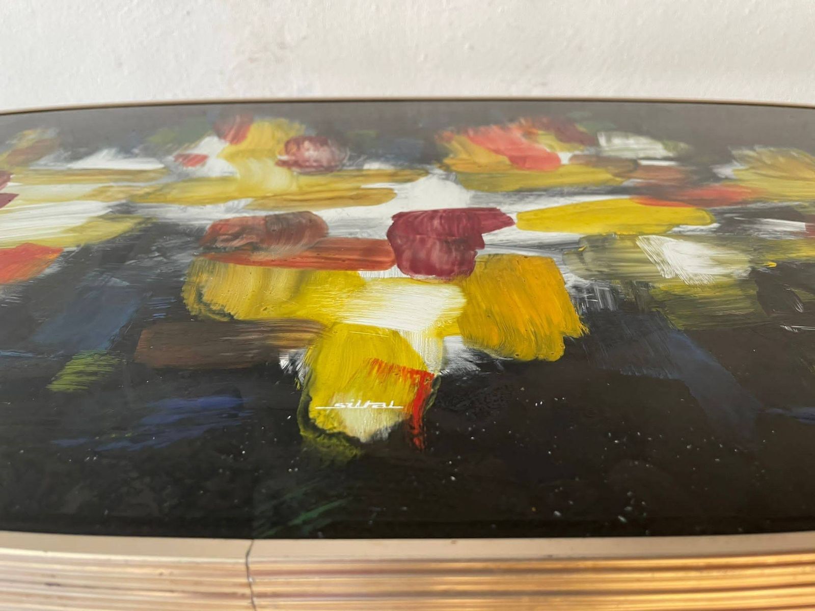 Very Rare Signed Original Oil Paint Top Wooden Oval Shaped Xl Table, 1950s, Italy photo vintage