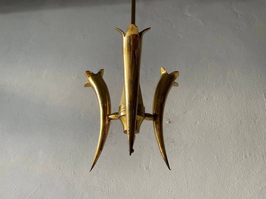 Just Amazing Triple Horn Brass Shade Mid Century Modern Italian Chandelier, 1950s, Italy photo for sale