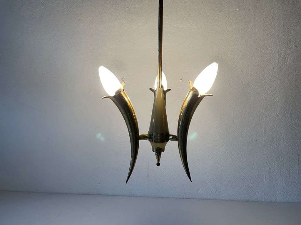 Just Amazing Triple Horn Brass Shade Mid Century Modern Italian Chandelier, 1950s, Italy photo 5581.24