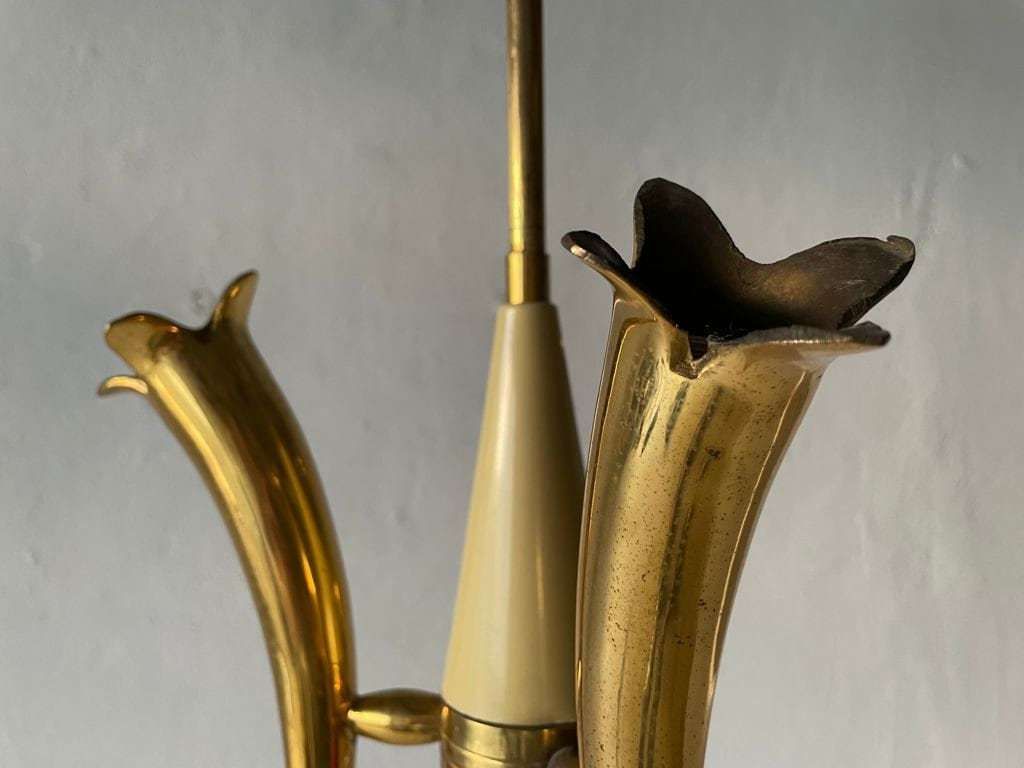 photo furniture Just Amazing Triple Horn Brass Shade Mid Century Modern Italian Chandelier, 1950s, Italy
