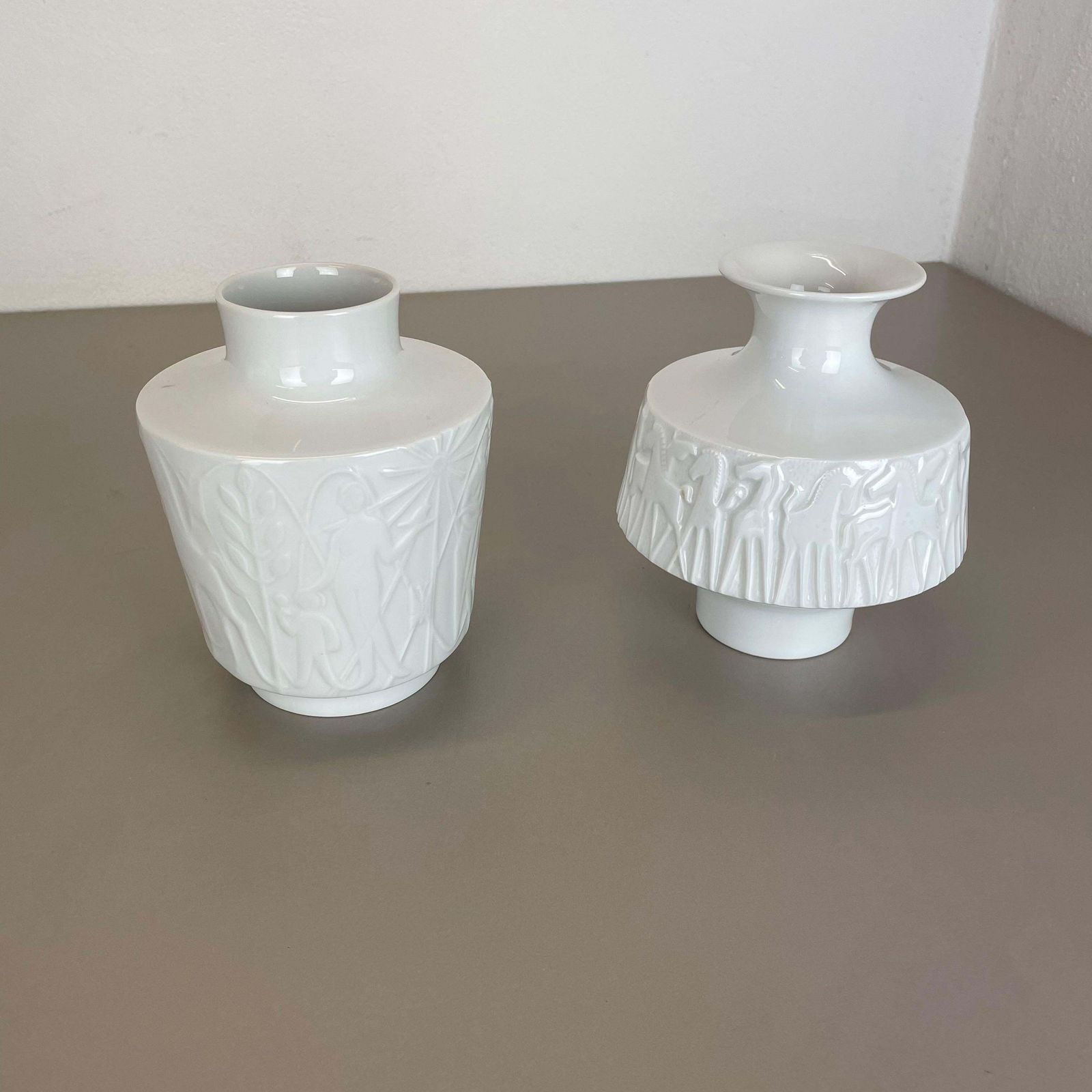 Set Of 2 Op Art Biscuit Porcelain Vases By Edelstein Bavaria, Germany, 1970s photo for sale