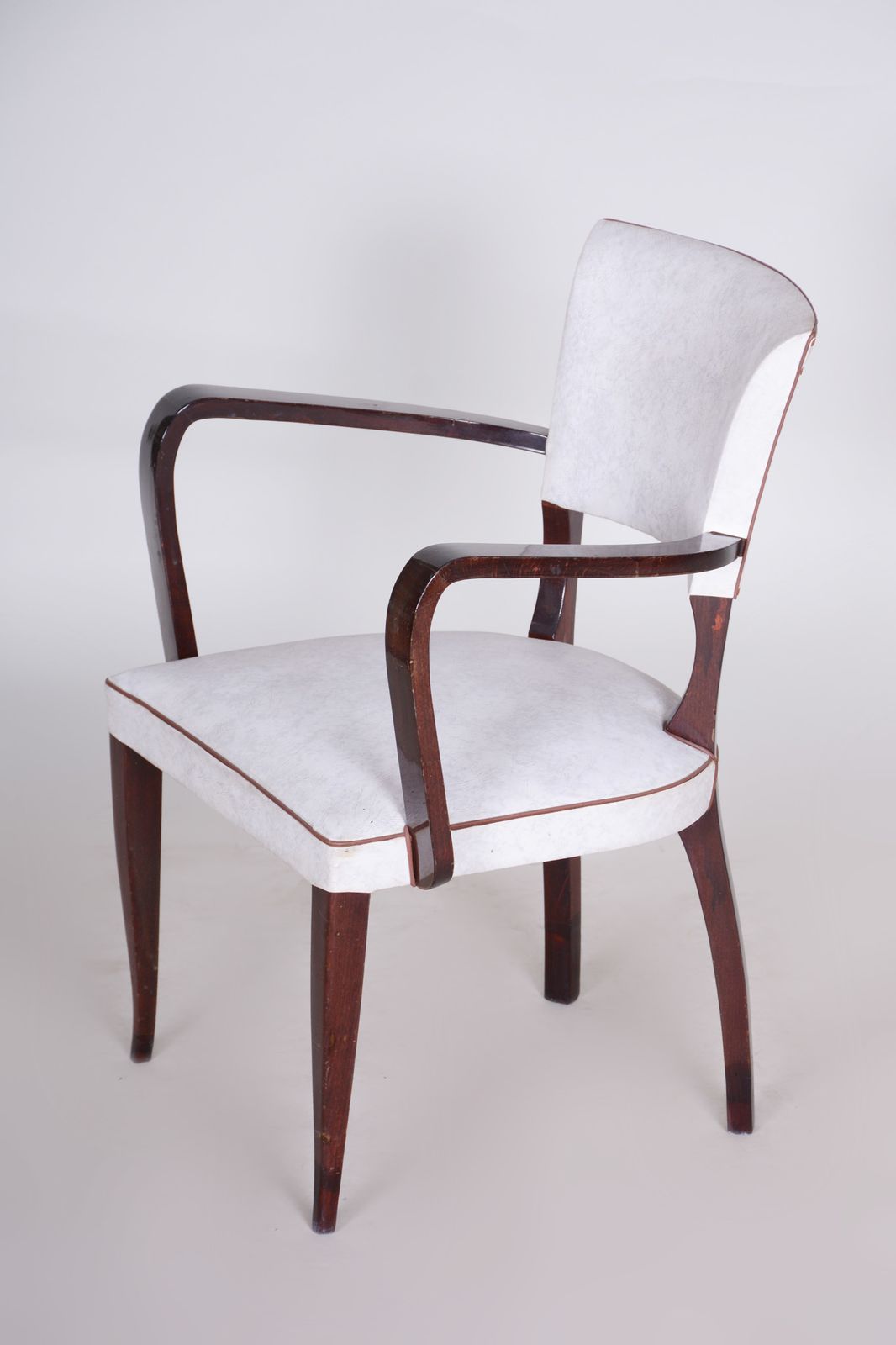 Restored White Armchair Made In France 1930. Upholstered With Artificial Leather. Art Deco photo furniture