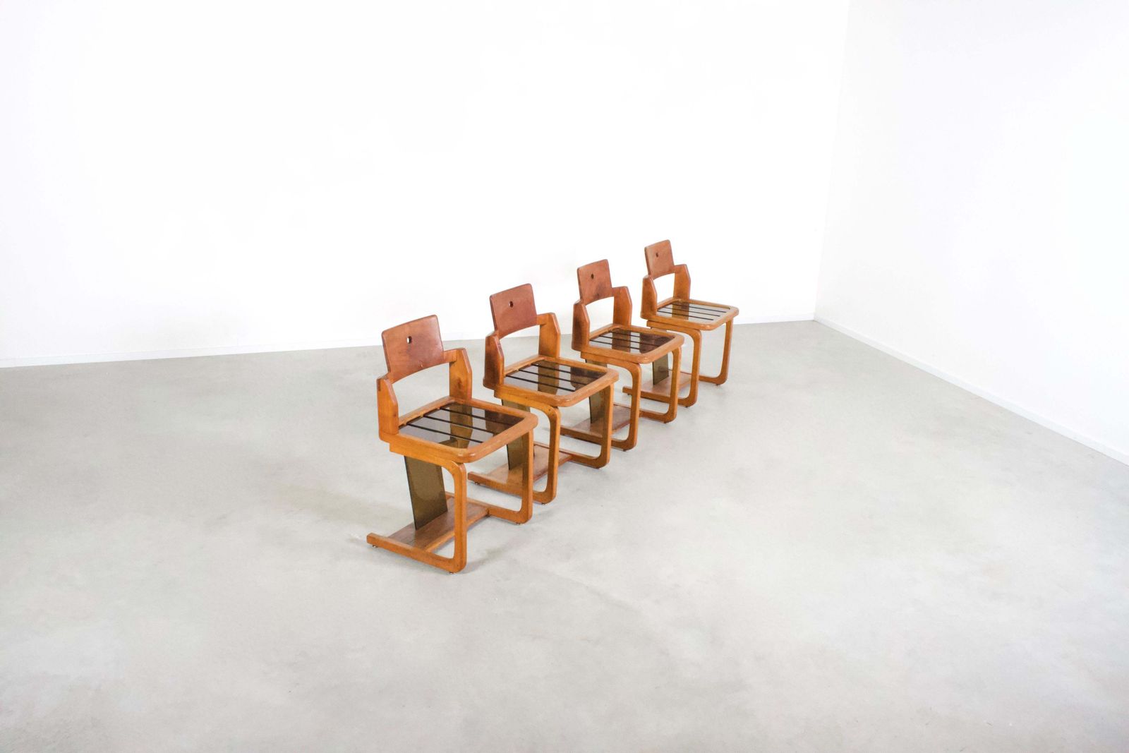 Set Of Impressive French Teak Wood And Lucite Chairs, 1960s photo for sale