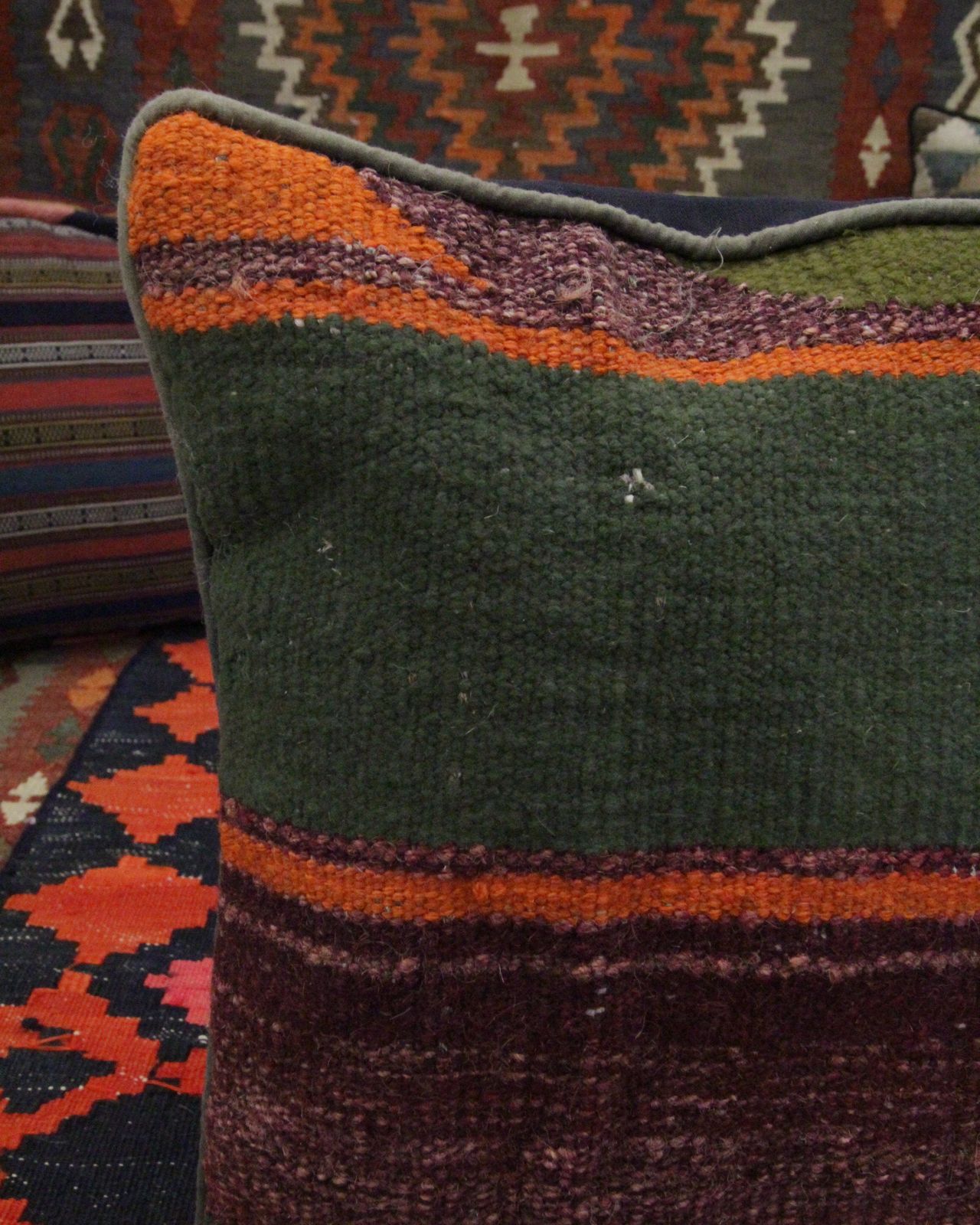 Green Striped Wool Cushion Cover Handmade Scatter Pillow  40x40cm photo for sale