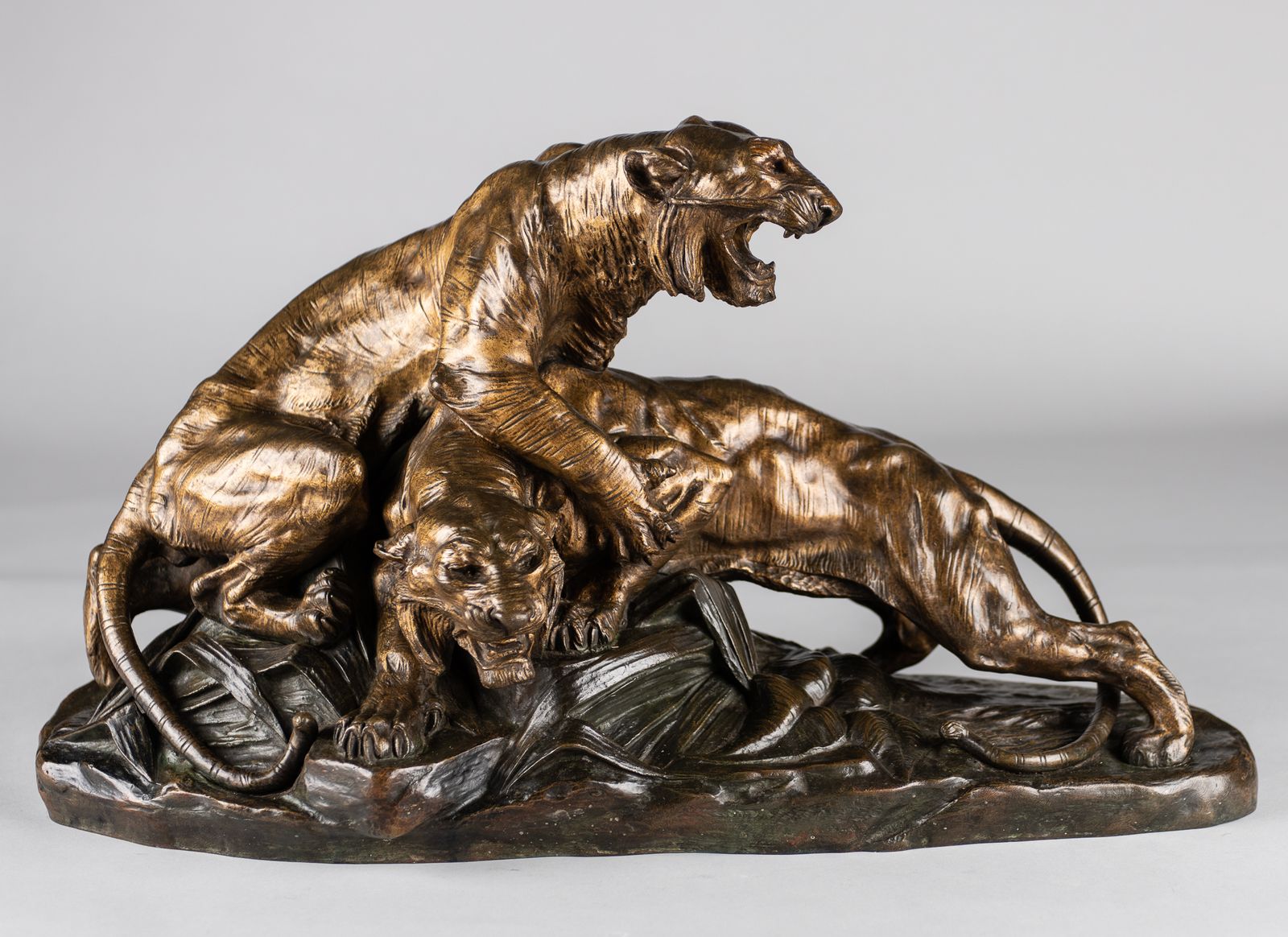 A Stunning 19th Century French Bronze Sculpture Of Two Tigers. Signed E.Drouot