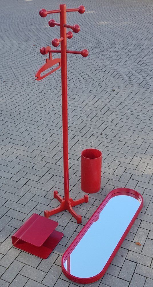 Hallway Coat Rack With Mirror, Shelf And Umbrella Stand In Red, 1970s, Set Of 4
