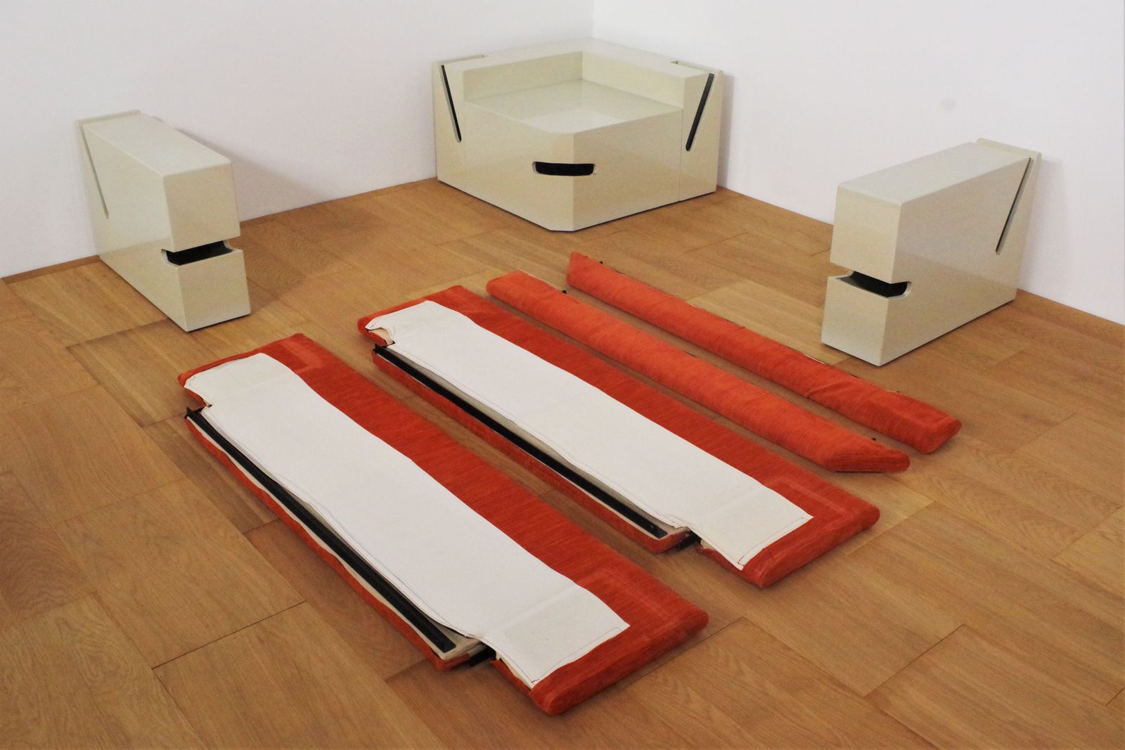 Furniture White Lacquered Modular Sofa With Orange Fabric, Set Of 17 photo