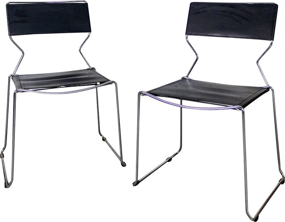 Pair Of Vintage Chromed Metal And Black Leather Chairs, 1980s