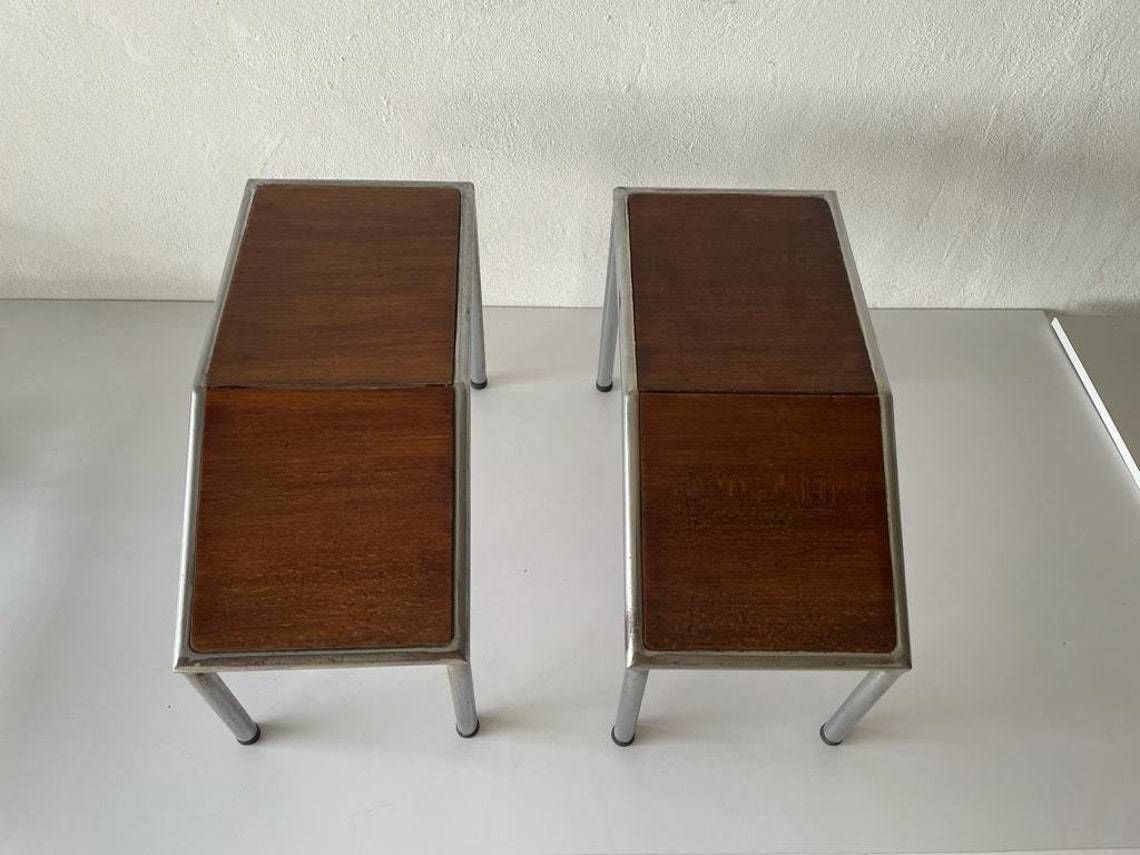 Unusual Italian Design Wooden And Thick Metal Body Pair Of Industrial Side Tables Or Stools1970s Italy photo Furniture