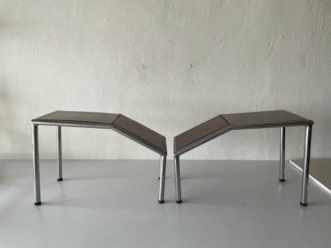 Unusual Italian Design Wooden And Thick Metal Body Pair Of Industrial Side Tables Or Stools1970s Italy photo 1545.04