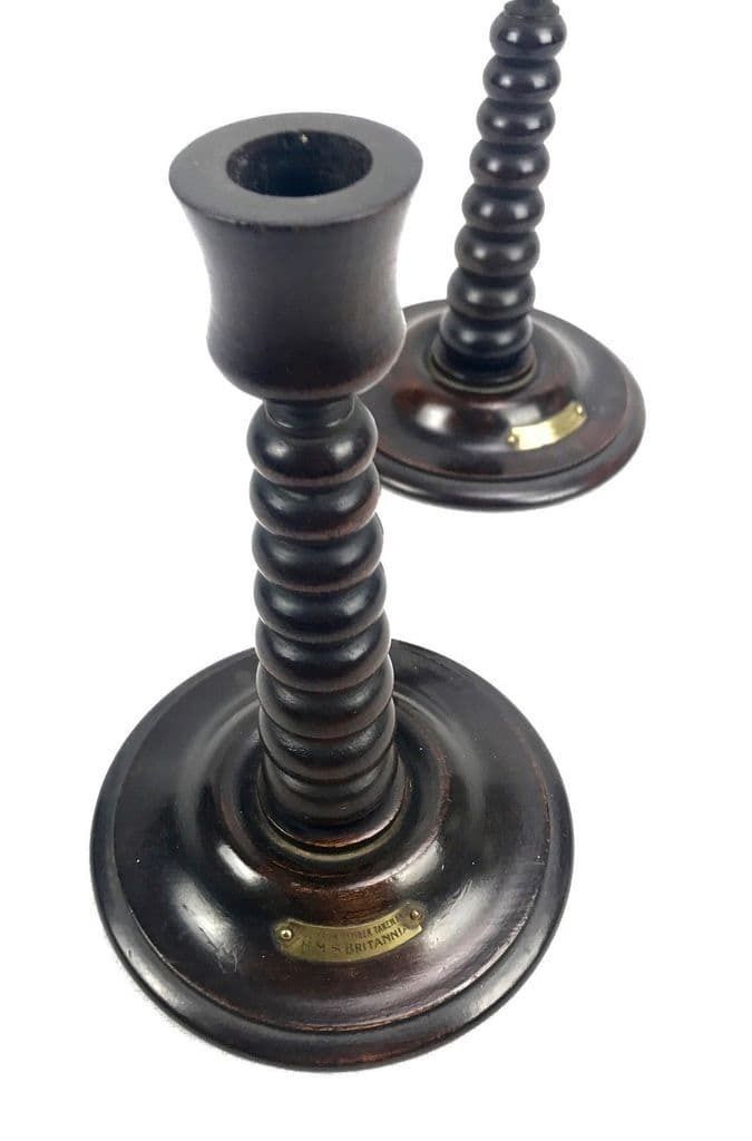 Antique Wood Barley Twist Candle Stick Pair Made From Timber From Hms Britannia photo 149.0