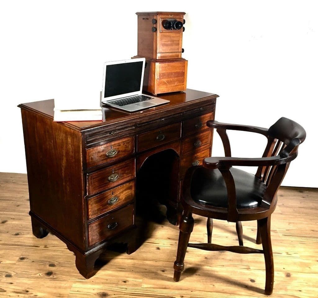Victorian Antique Flamed Mahogany Keyhole Desk / Work Station / 19th Century photo Furniture