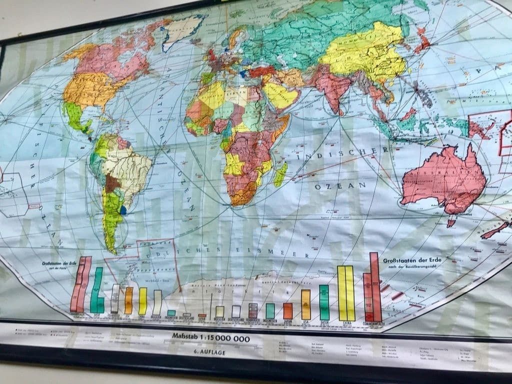 Karl Wenschow German 1950's Very Large Roll Down Canvas World Population Map photo furniture