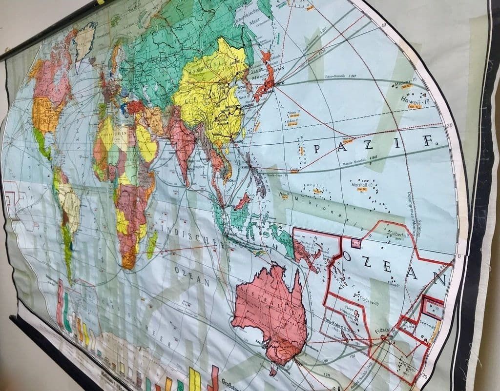 Karl Wenschow German 1950's Very Large Roll Down Canvas World Population Map photo 355.0