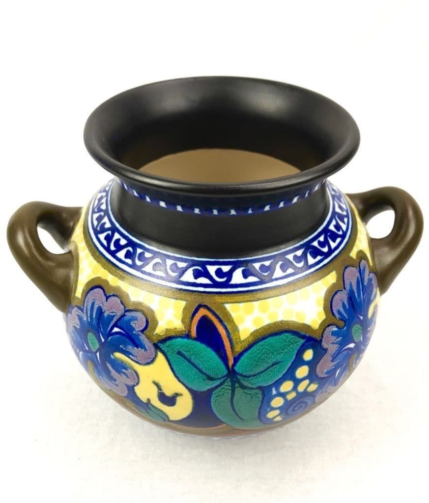 Antique Gouda Vase / Planter / Art Deco Dutch Pottery / Blue / Brown / Floral photo for sale
