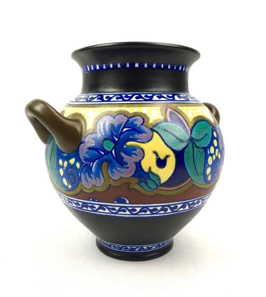 Antique Gouda Vase / Planter / Art Deco Dutch Pottery / Blue / Brown / Floral photo 79.0