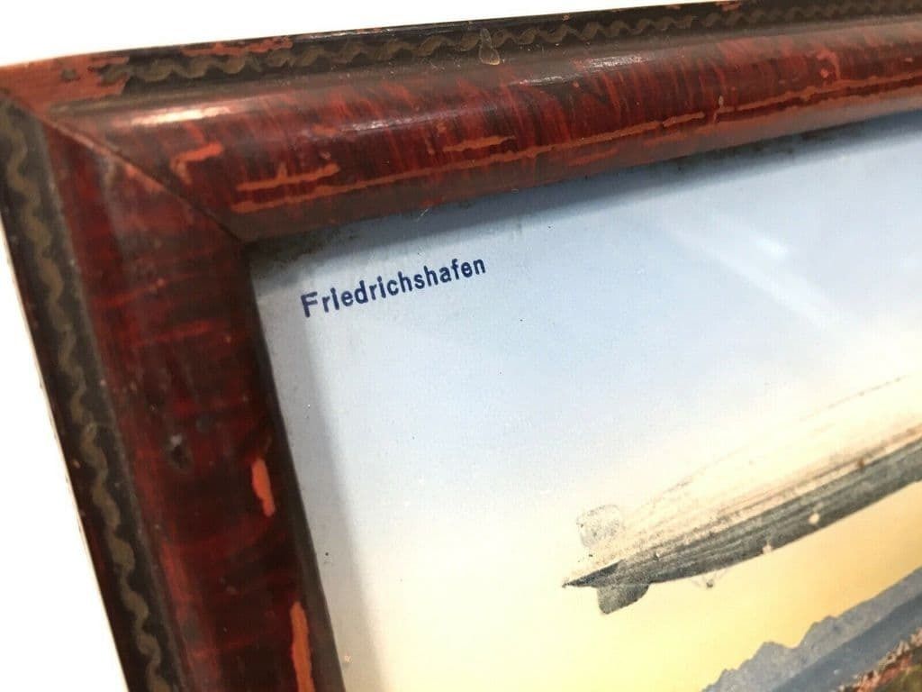 Antique Reverse Glass Painting German City Friedrichshafen With Zeppelin Airship photo for sale