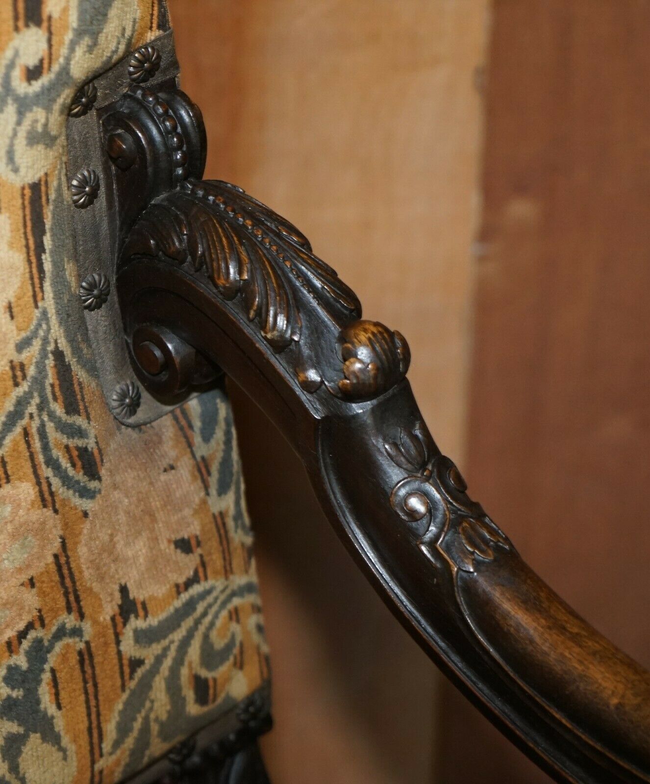 Stunning Pair Of Hand Carved Italian Walnut Antique Circa 1860 Throne Armchairs photo buy