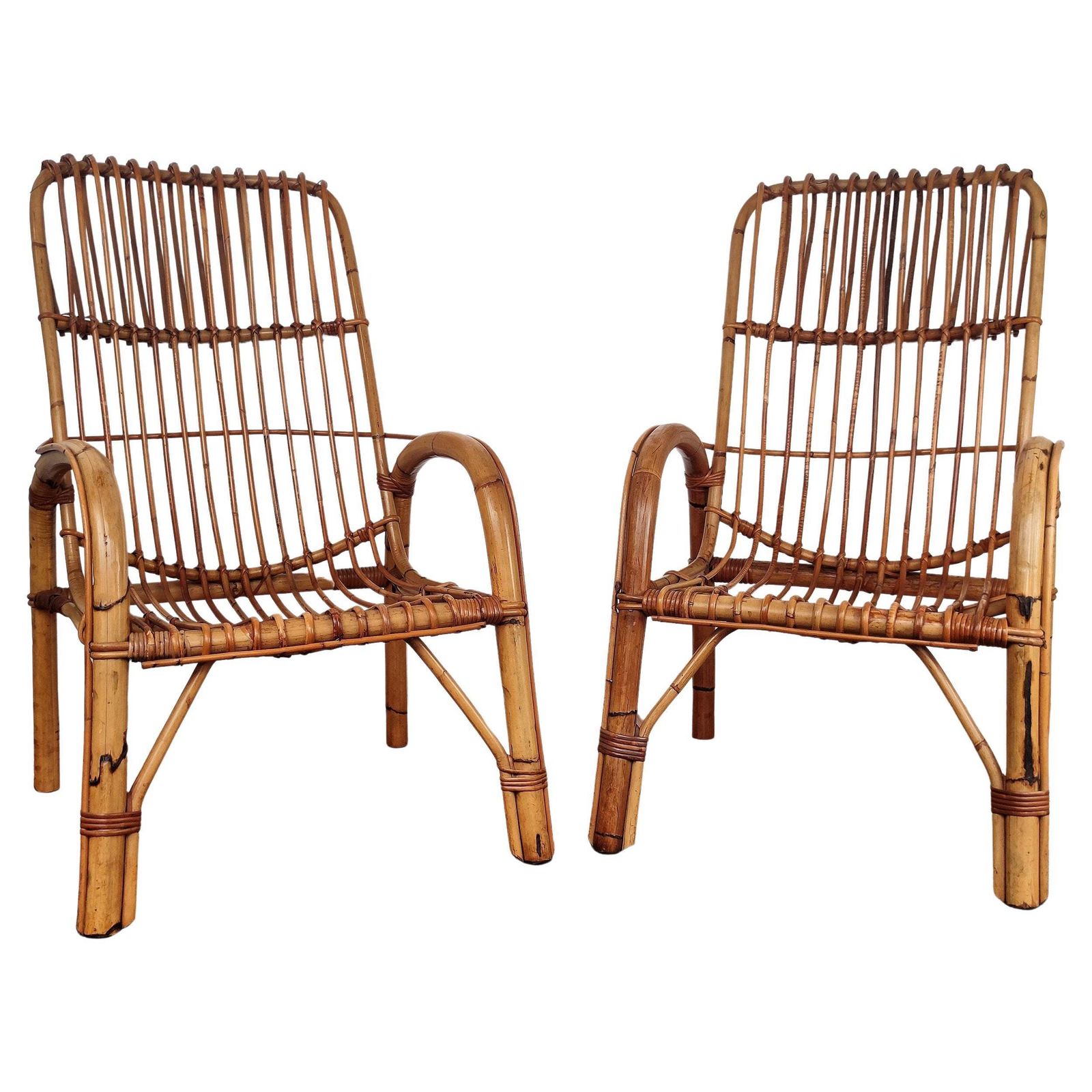 Pair Of 60s Italian Bent Bamboo Rattan Bohemian French Riviera Lounge Armchairs
