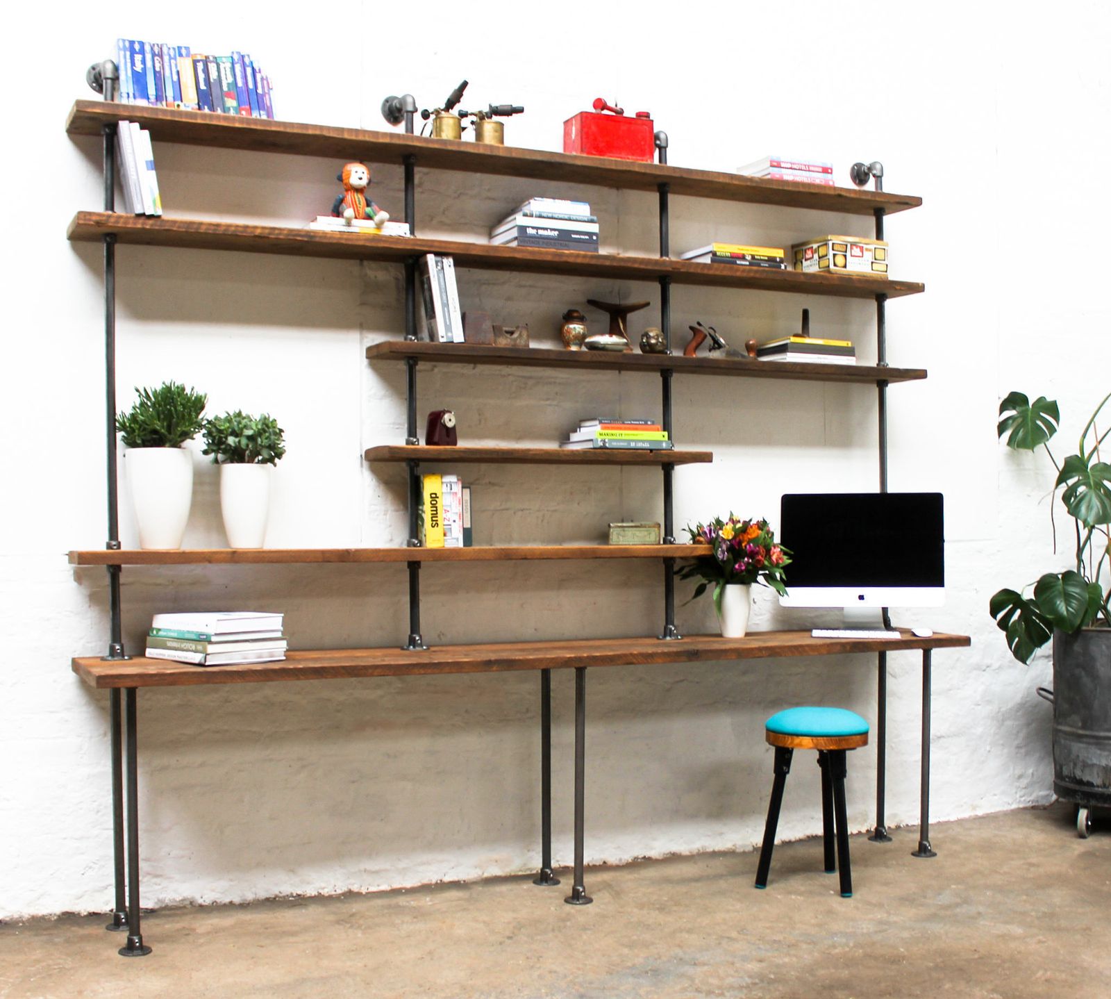 Susannah Bespoke Chestnut Stained Recycled Scaffolding Boards And Dark Steel Pipe Desk And Adjustable Shelves