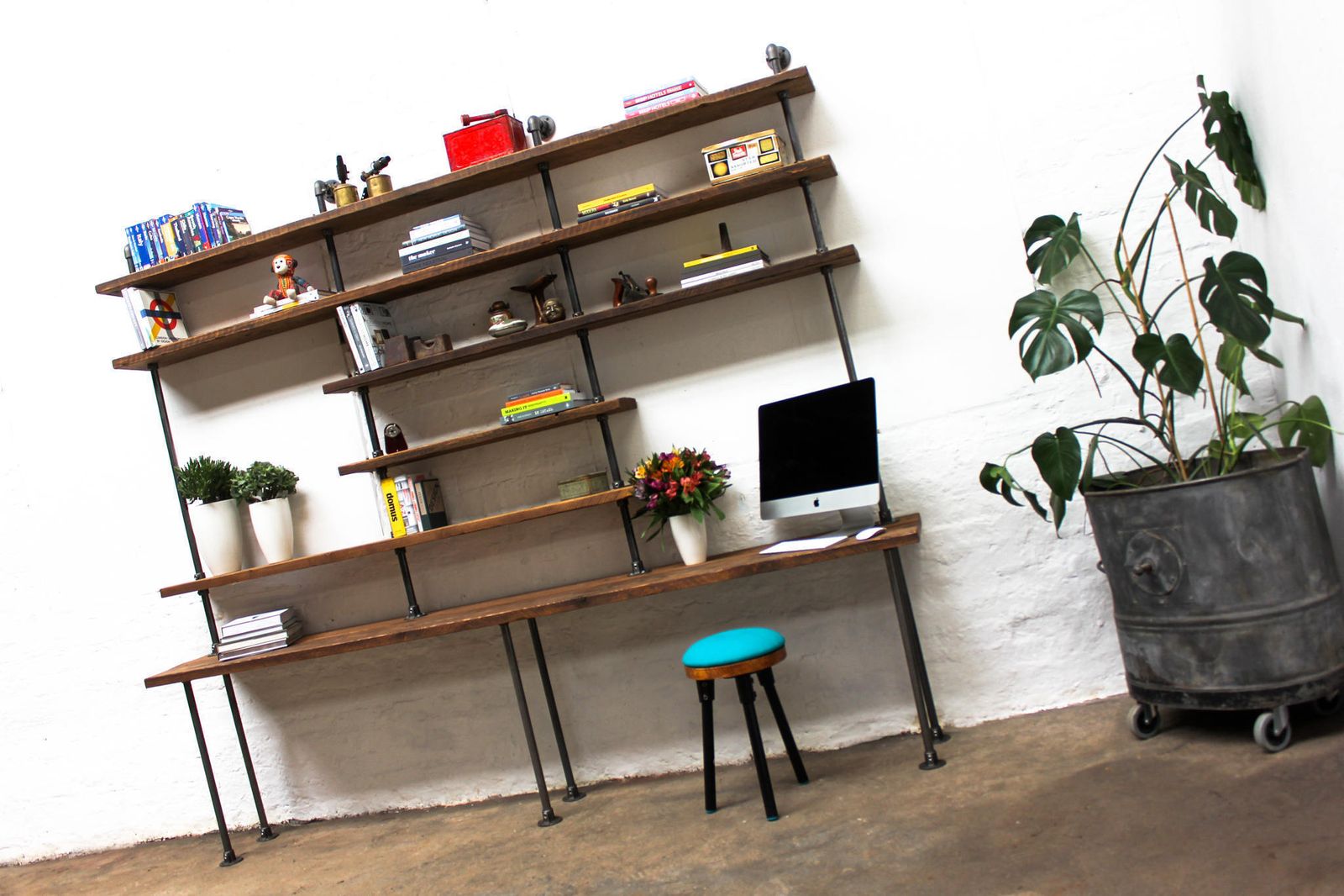 Susannah Bespoke Chestnut Stained Recycled Scaffolding Boards And Dark Steel Pipe Desk And Adjustable Shelves photo vintage
