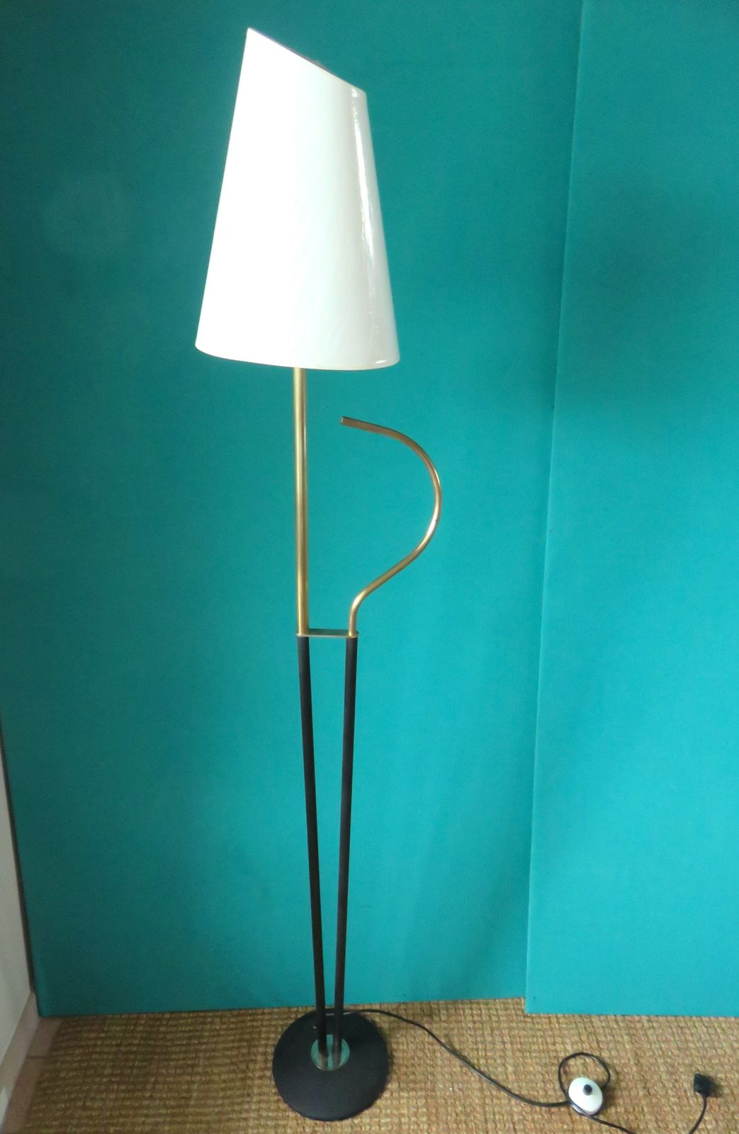 Modernist Floor Lamp In Brass And Black Steel. France 1950