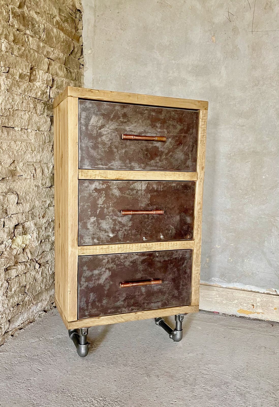 Helder Reclaimed Scaffolding Board And Patinated Steel Drawer Unit On Dark Steel Legs With Aged Copper Handles   Filing, Or Bedside, Cabinet