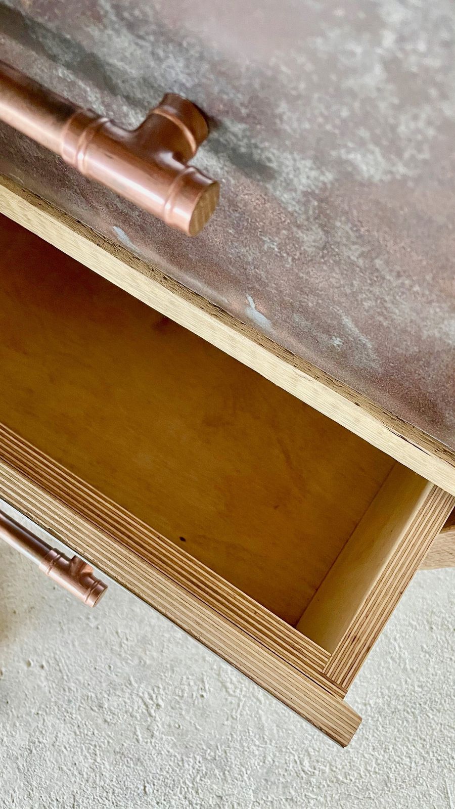 photo furniture Helder Reclaimed Scaffolding Board And Patinated Steel Drawer Unit On Dark Steel Legs With Aged Copper Handles   Filing, Or Bedside, Cabinet
