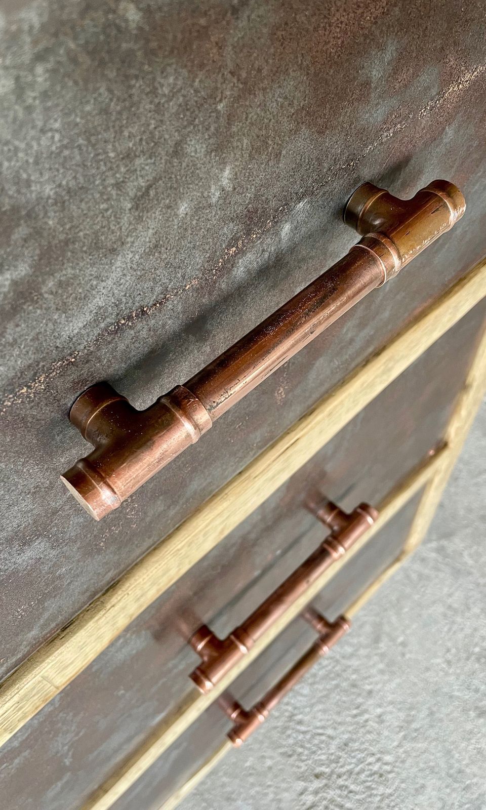 photo for sale Helder Reclaimed Scaffolding Board And Patinated Steel Drawer Unit On Dark Steel Legs With Aged Copper Handles   Filing, Or Bedside, Cabinet