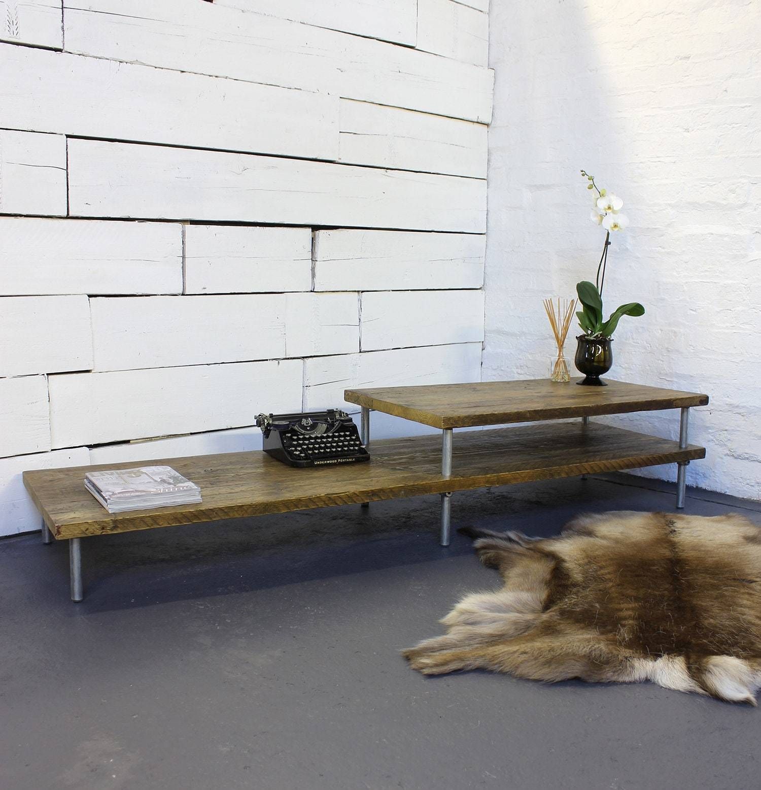 Yumiko Oak Stained Reclaimed Scaffolding Layered Height Coffee Table With Galvanised Pipe Legs photo furniture