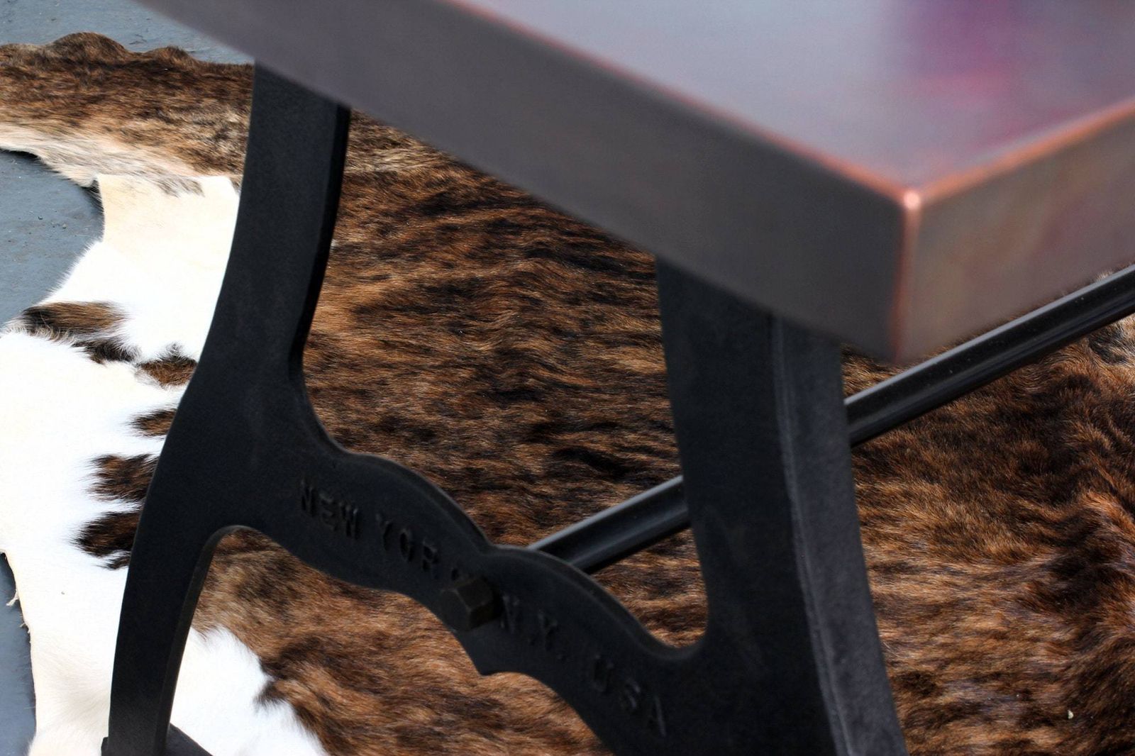 Penna Industrial Patinated Bronzed Copper Topped Table With Reproduction Vintage Reclaimed Steel Workbench Legs photo furniture