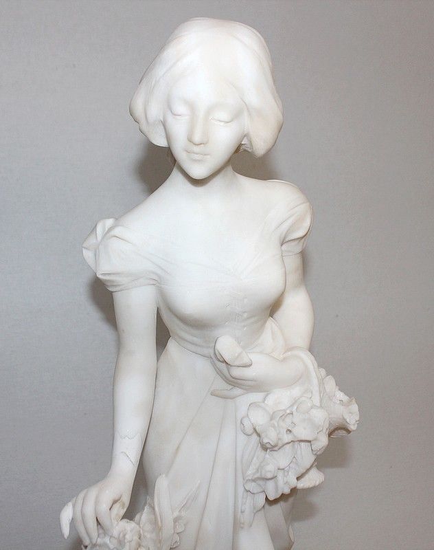 Large Alabaster Sculpture "Young Girl With Flowers", 1900 photo 2410.2