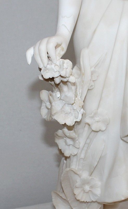 Large Alabaster Sculpture "Young Girl With Flowers", 1900 photo vintage