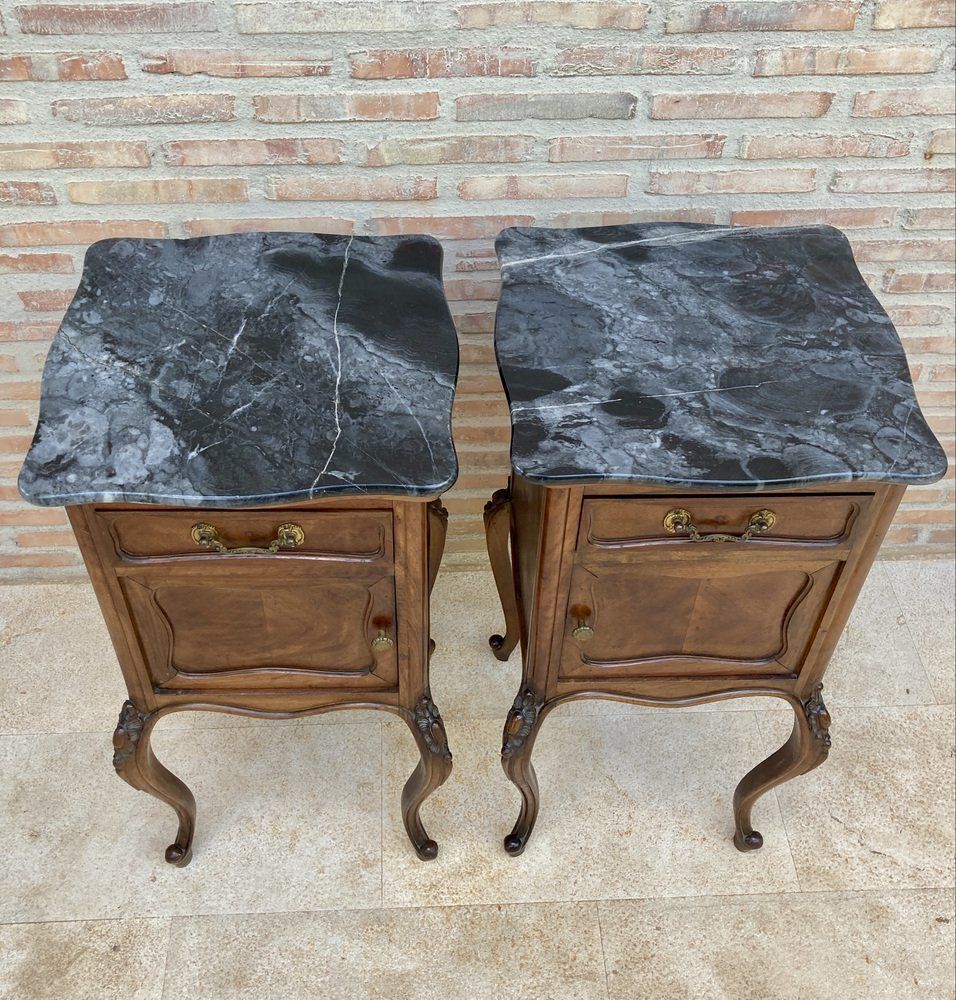 Louis XV Style Walnut Nightstands With Marble Top, 1930s, Set Of 2 photo furniture