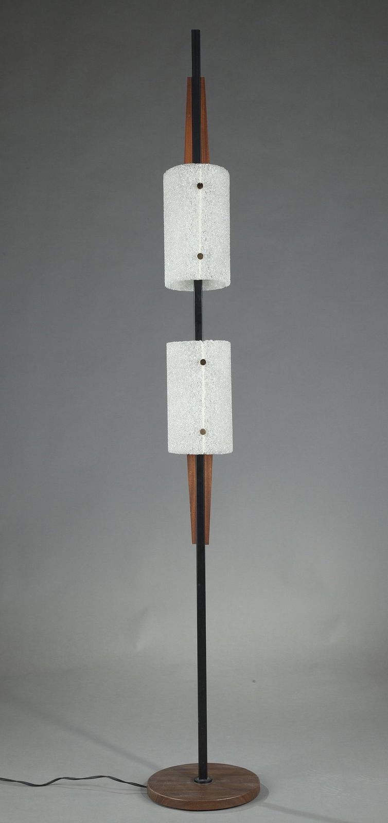 Scandinavian Floor Lamp In Black Lacquered Steel And Teak With Two Granite Perspex Diffusers photo Lighting