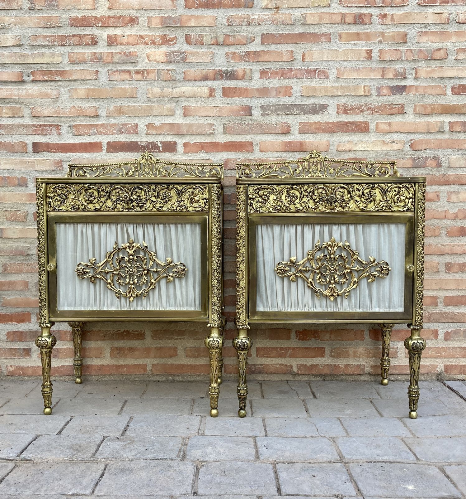 Pair Of 19th Century Belle époque French Bronze Vitrine Nightstands With Glass Doors And Brass Drawers